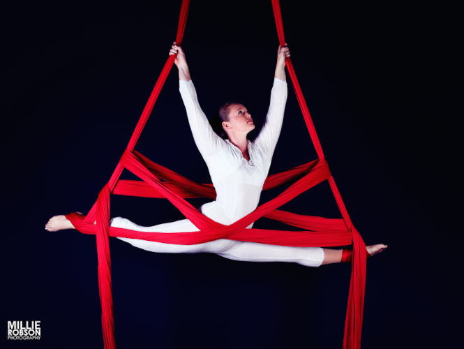 Lisa T on red aerial silks | The 2 Lisas