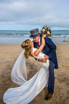 Wedding couple on porthminster beach, St Ives.