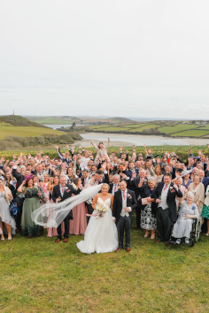 Group photo from real wedding at Trerethern Farm.